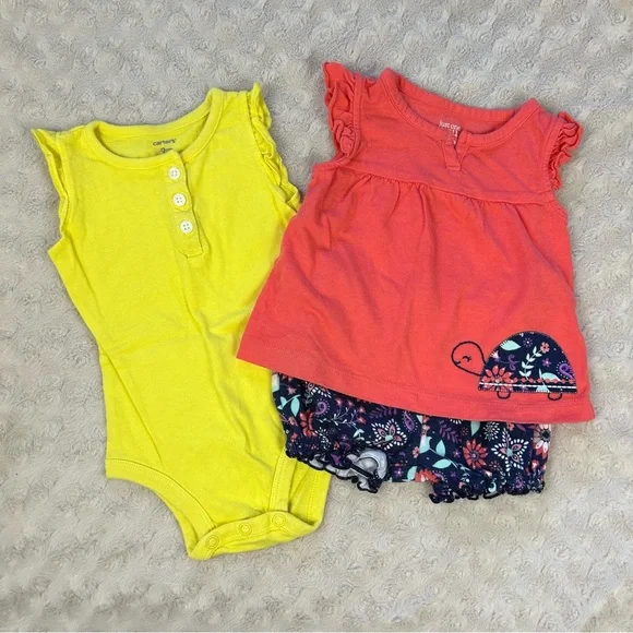 Baby Girl Bundle Carter’s Turtle Floral Outfit Sizes 6 & 9 Months Yellow - Picture 1 of 4